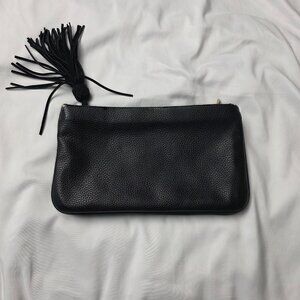 Ann Taylor Black Tassel Zip Clutch Purse – Faux Leather with Gold Hardware-0300